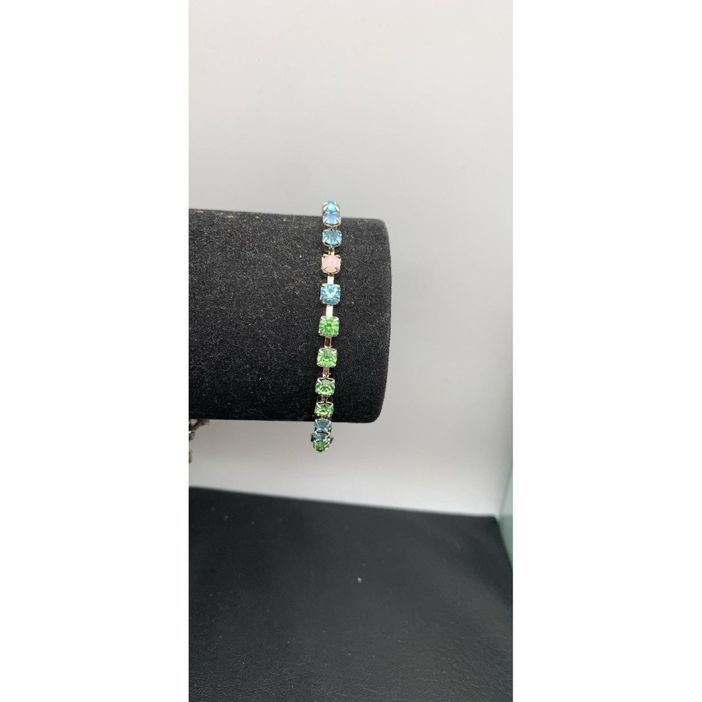 Vintage Multicolor Uranium Glass UV Glow Rhinestone Tennis Bracelet Silver Tone